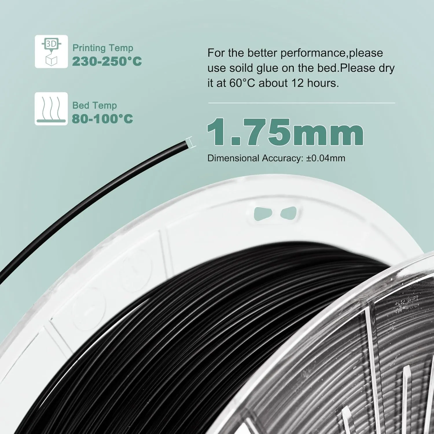3D Printer Filament Nylon Filament PA6 2.2 lbs 1kg Nylon Clear Spool Net Weight 3D Printing Filament High Strength Durability Heat Resistance Easy Print Black PA 1.75mm