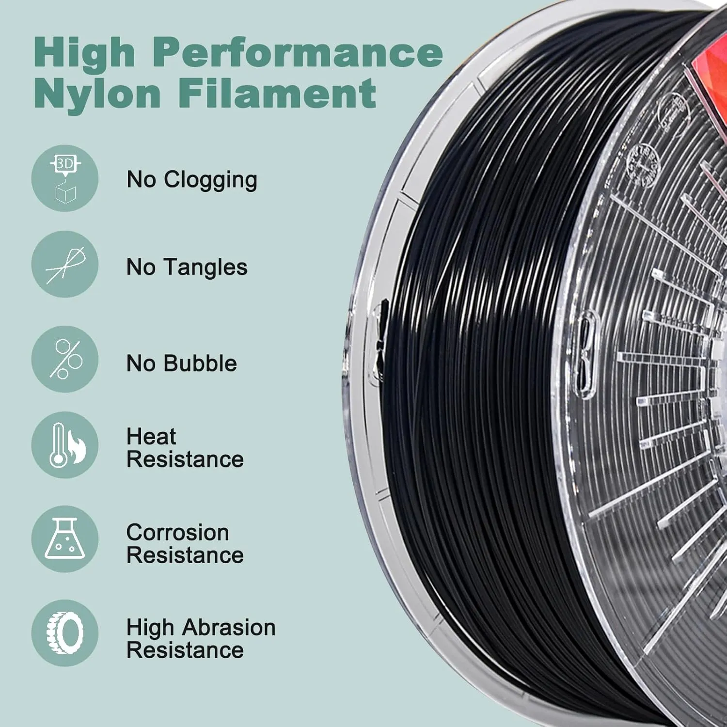 3D Printer Filament Nylon Filament PA6 2.2 lbs 1kg Nylon Clear Spool Net Weight 3D Printing Filament High Strength Durability Heat Resistance Easy Print Black PA 1.75mm