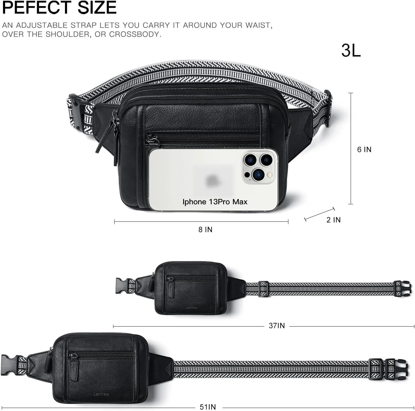 3L TRIPLE ZIP Fanny Packs Belt Bag For Women Men Crossbody Waist Pack Sling Chest Bum Travel Bag Purse Faux Leather Fashion Cute Black