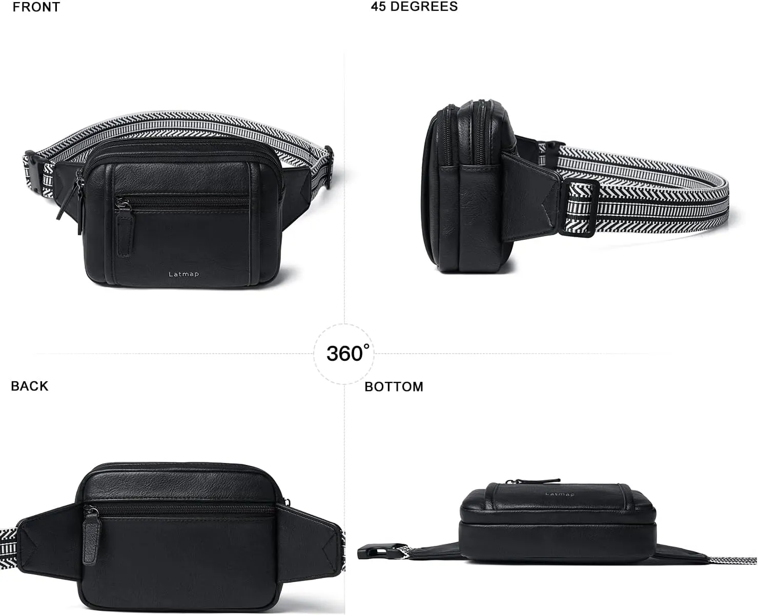 3L TRIPLE ZIP Fanny Packs Belt Bag For Women Men Crossbody Waist Pack Sling Chest Bum Travel Bag Purse Faux Leather Fashion Cute Black