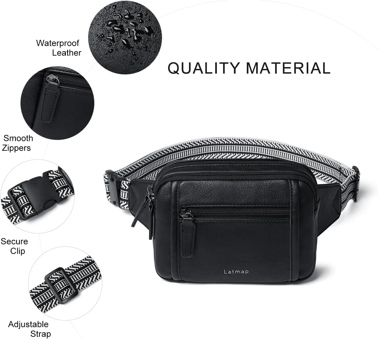 3L TRIPLE ZIP Fanny Packs Belt Bag For Women Men Crossbody Waist Pack Sling Chest Bum Travel Bag Purse Faux Leather Fashion Cute Black
