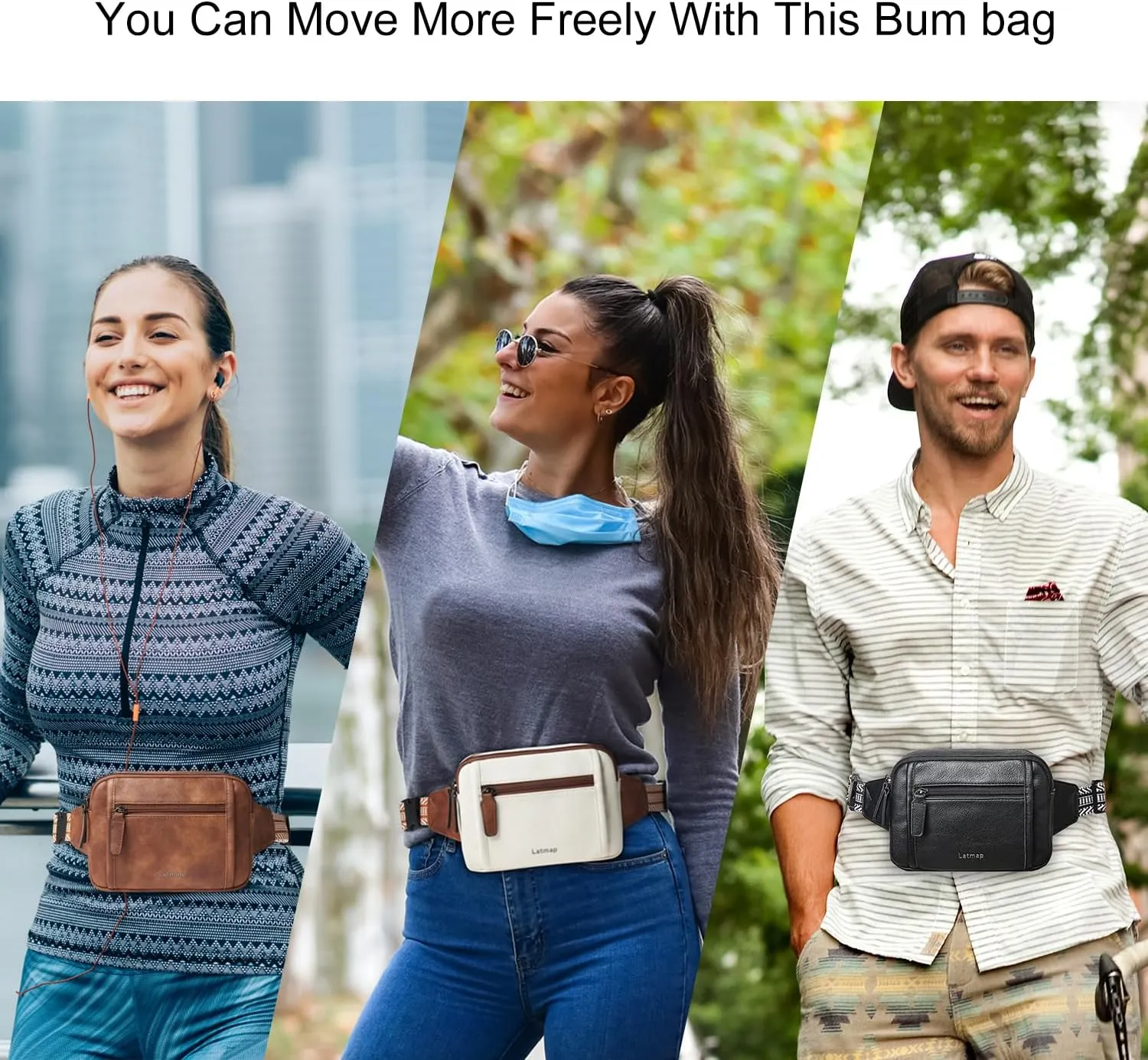 3L TRIPLE ZIP Fanny Packs Belt Bag For Women Men Crossbody Waist Pack Sling Chest Bum Travel Bag Purse Faux Leather Fashion Cute Black