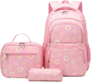 3Pcs Daisy Backpack for Girls with Lunch Box Kids School Bag with Lunch Bag Bookbag for Elementary School