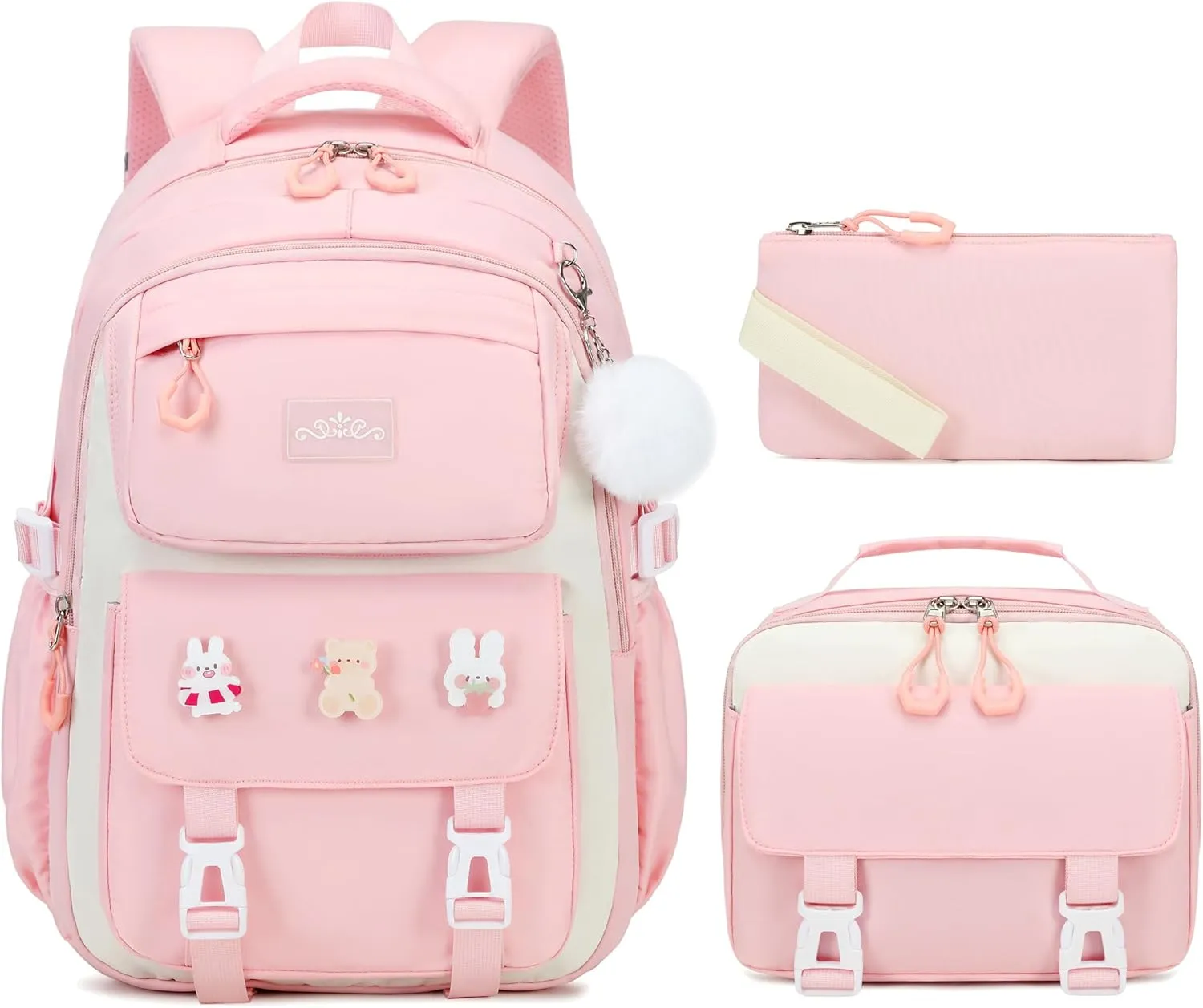 3PCS Girls Backpack for School, Kids Backpack for Girls with Lunch Box Pencil Case Set for Teen Girl Elementary Primary Middle High College School Bookbag with Cute Pins (Pink)