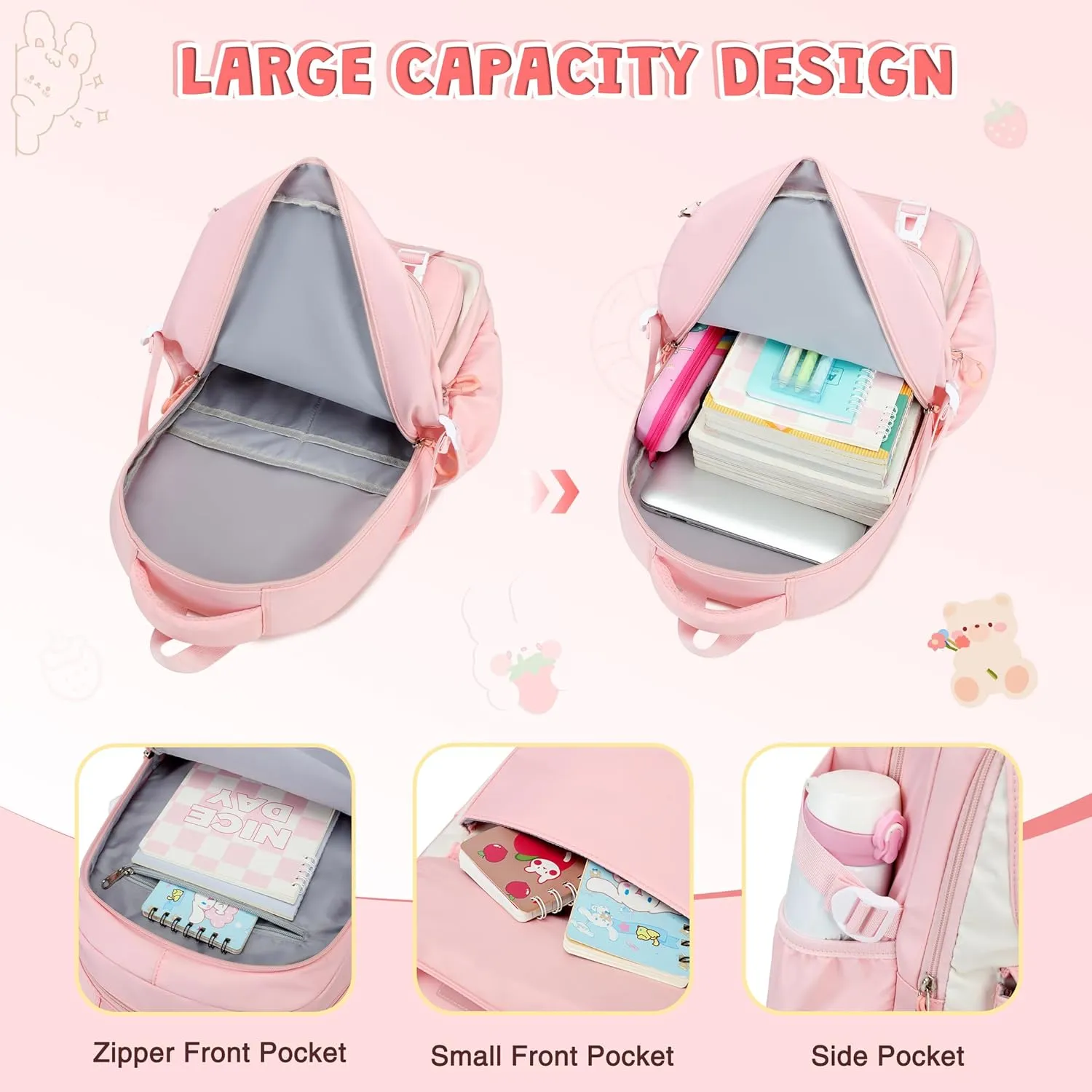 3PCS Girls Backpack for School, Kids Backpack for Girls with Lunch Box Pencil Case Set for Teen Girl Elementary Primary Middle High College School Bookbag with Cute Pins (Pink)