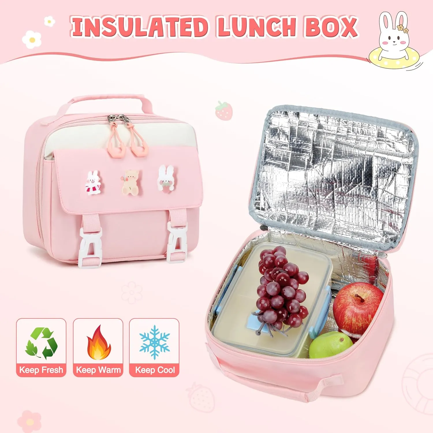 3PCS Girls Backpack for School, Kids Backpack for Girls with Lunch Box Pencil Case Set for Teen Girl Elementary Primary Middle High College School Bookbag with Cute Pins (Pink)