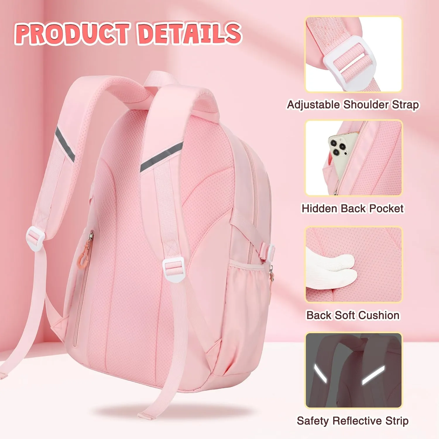 3PCS Girls Backpack for School, Kids Backpack for Girls with Lunch Box Pencil Case Set for Teen Girl Elementary Primary Middle High College School Bookbag with Cute Pins (Pink)