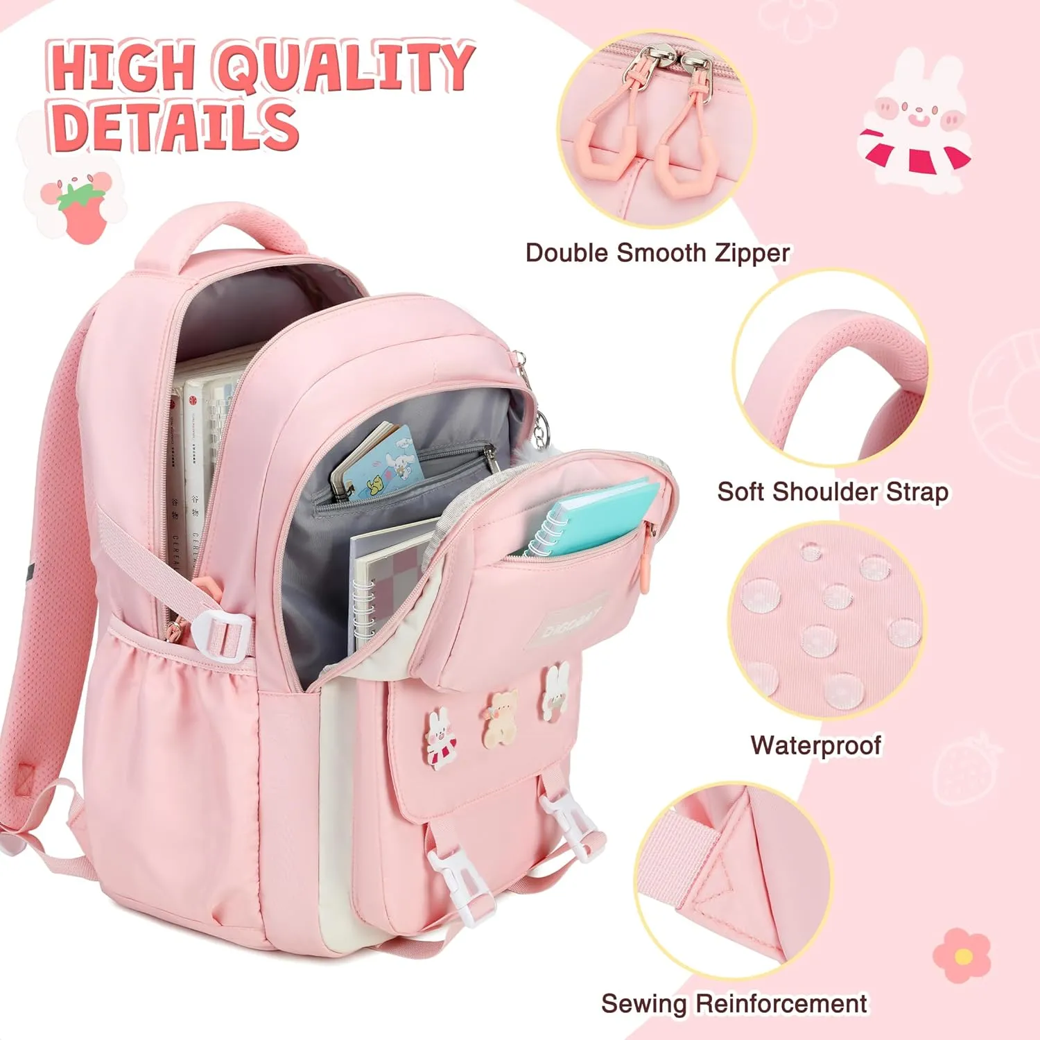 3PCS Girls Backpack for School, Kids Backpack for Girls with Lunch Box Pencil Case Set for Teen Girl Elementary Primary Middle High College School Bookbag with Cute Pins (Pink)