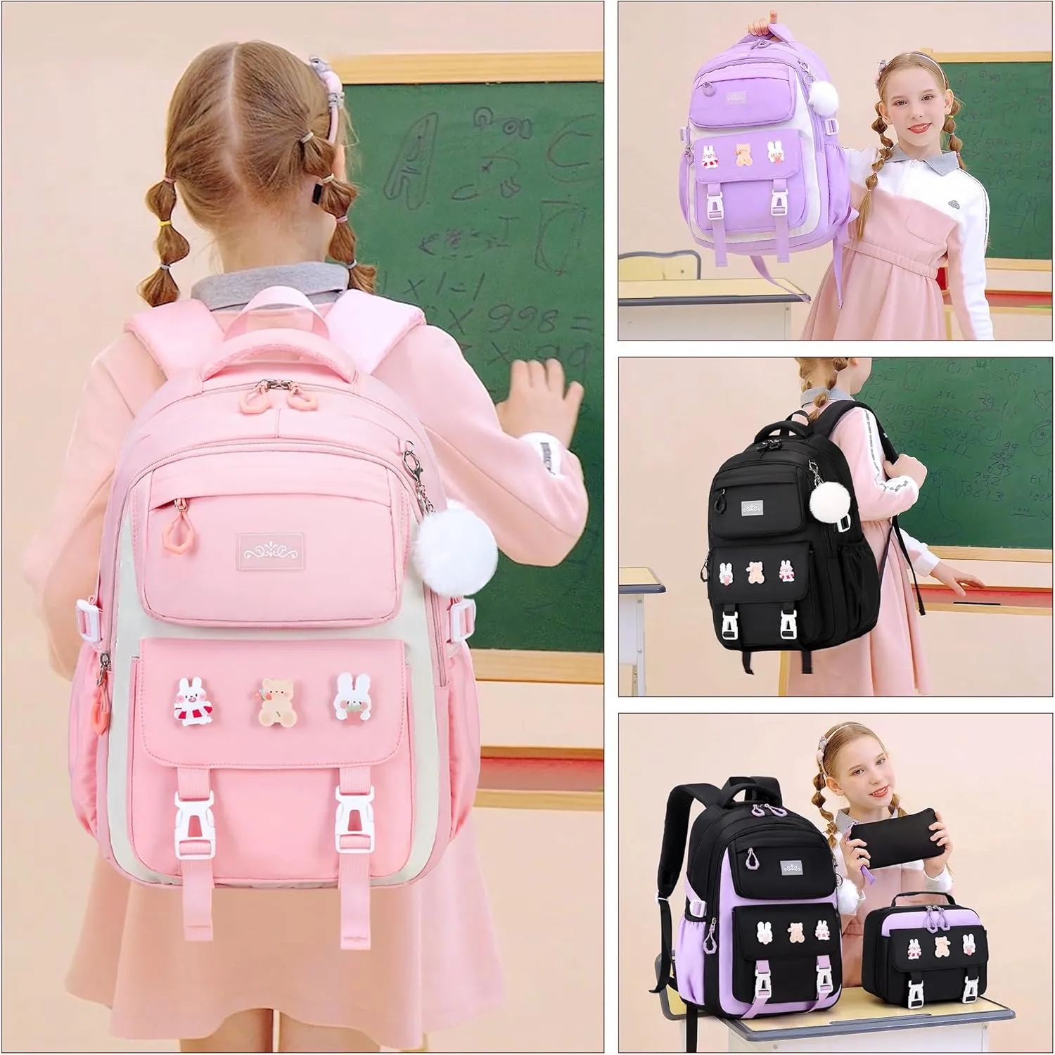 3PCS Girls Backpack for School, Kids Backpack for Girls with Lunch Box Pencil Case Set for Teen Girl Elementary Primary Middle High College School Bookbag with Cute Pins (Pink)