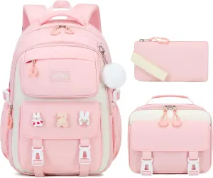 3PCS Girls Backpack for School, Kids Backpack for Girls with Lunch Box Pencil Case Set for Teen Girl Elementary Primary Middle High College School Bookbag with Cute Pins (Pink)