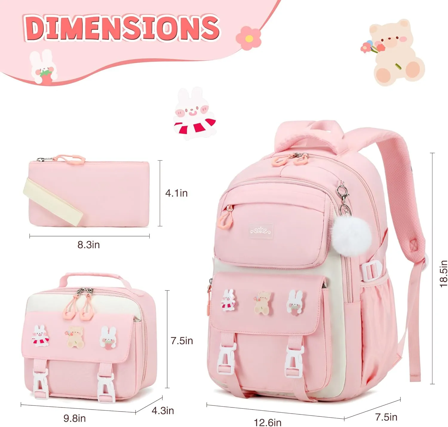 3PCS Girls Backpack for School, Kids Backpack for Girls with Lunch Box Pencil Case Set for Teen Girl Elementary Primary Middle High College School Bookbag with Cute Pins (Pink)