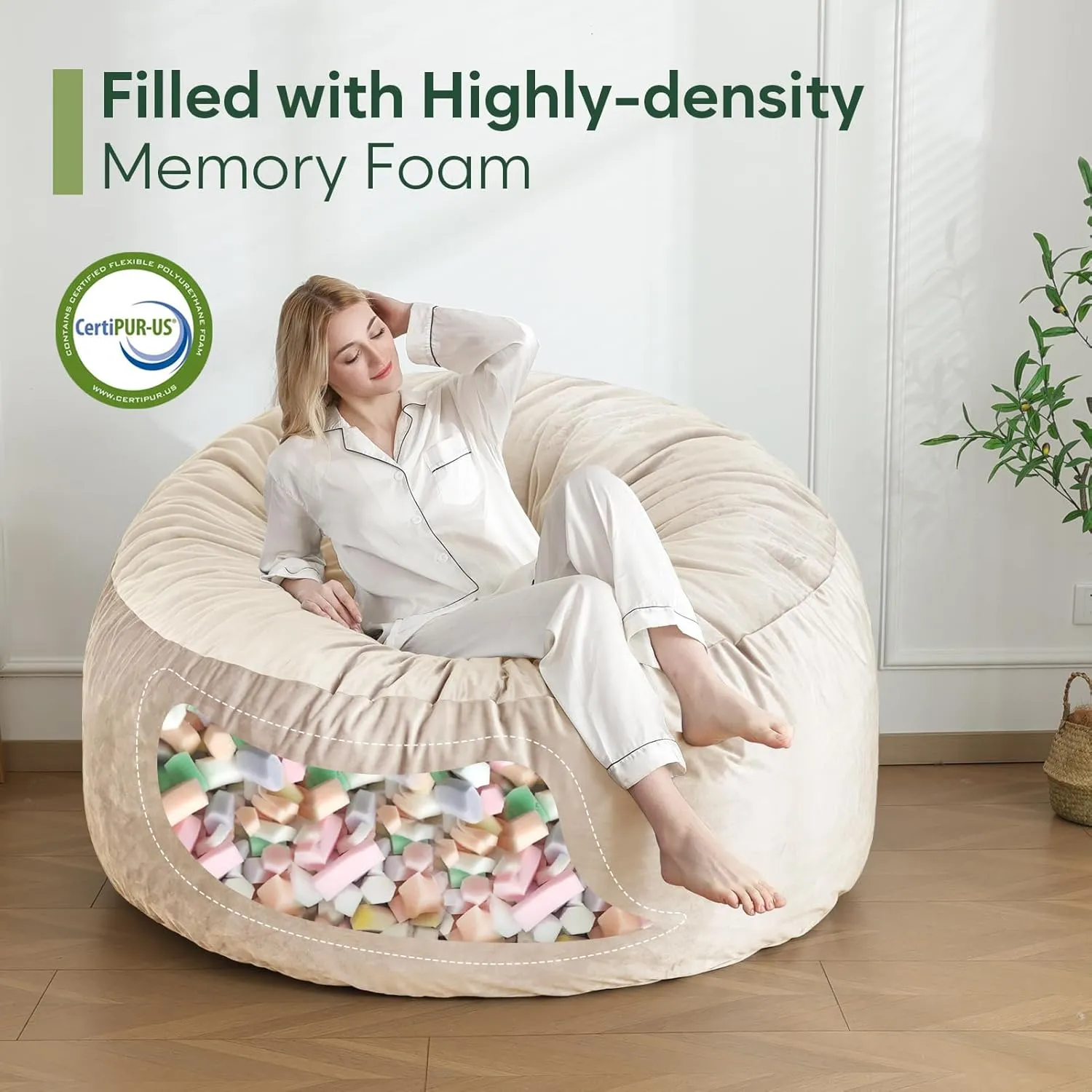4 Ft Bean Bag Chair, Memory Foam Bean Bag Chairs for Adults with Filling, Round Bean Bag Sofa with Filler Included, Beanbags with Soft Dutch Velvet Fabric,4 Foot,Beige