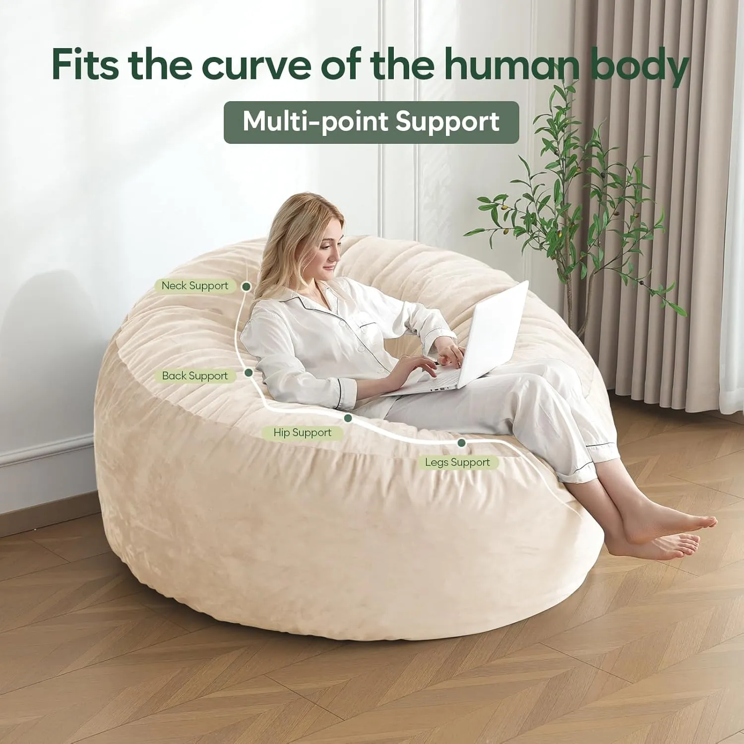 4 Ft Bean Bag Chair, Memory Foam Bean Bag Chairs for Adults with Filling, Round Bean Bag Sofa with Filler Included, Beanbags with Soft Dutch Velvet Fabric,4 Foot,Beige