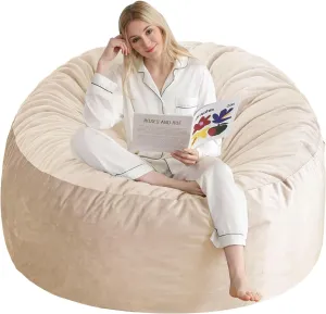 4 Ft Bean Bag Chair, Memory Foam Bean Bag Chairs for Adults with Filling, Round Bean Bag Sofa with Filler Included, Beanbags with Soft Dutch Velvet Fabric,4 Foot,Beige