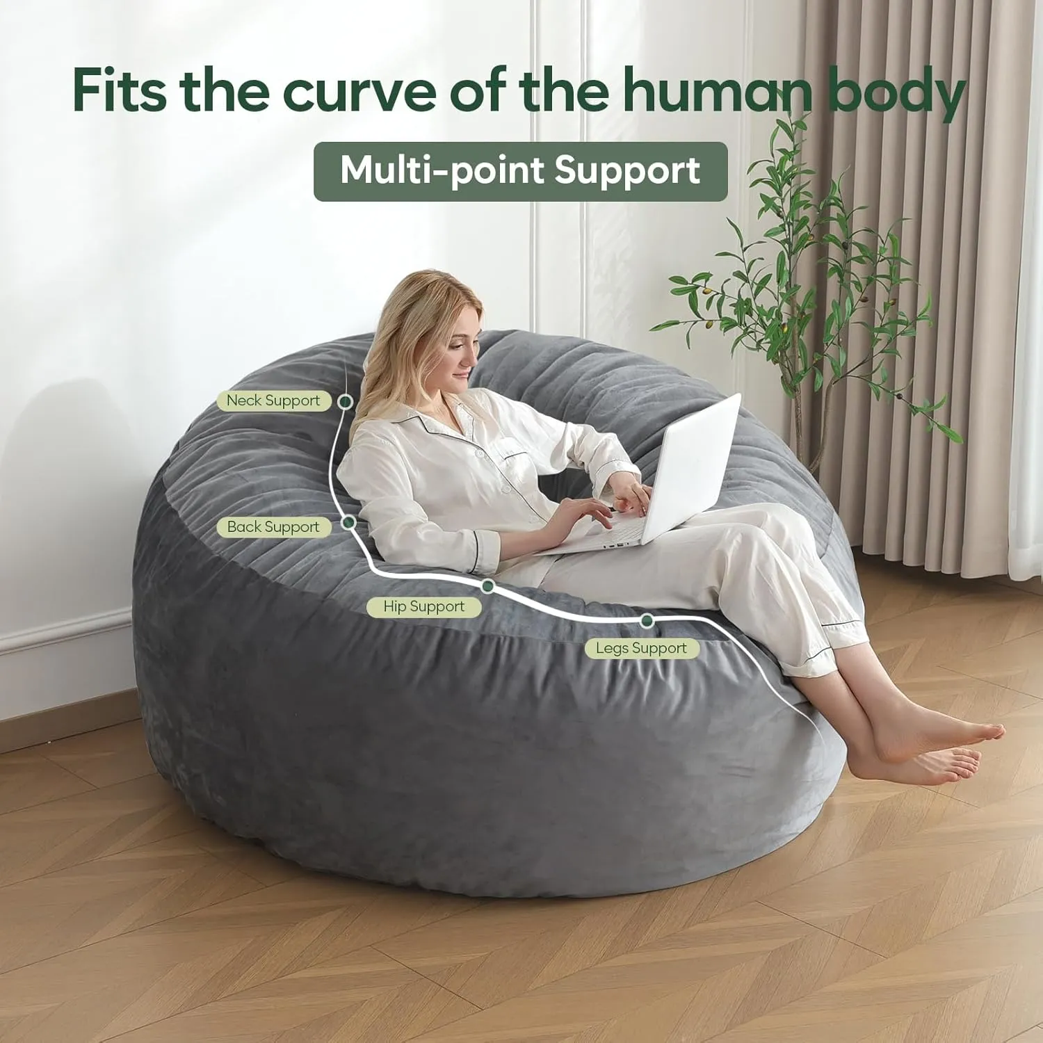 4 Ft Bean Bag Chair, Memory Foam Bean Bag Chairs for Adults with Filling, Round Bean Bag Sofa with Filler Included, Beanbags with Soft Dutch Velvet Fabric,4 Foot,Dark Grey