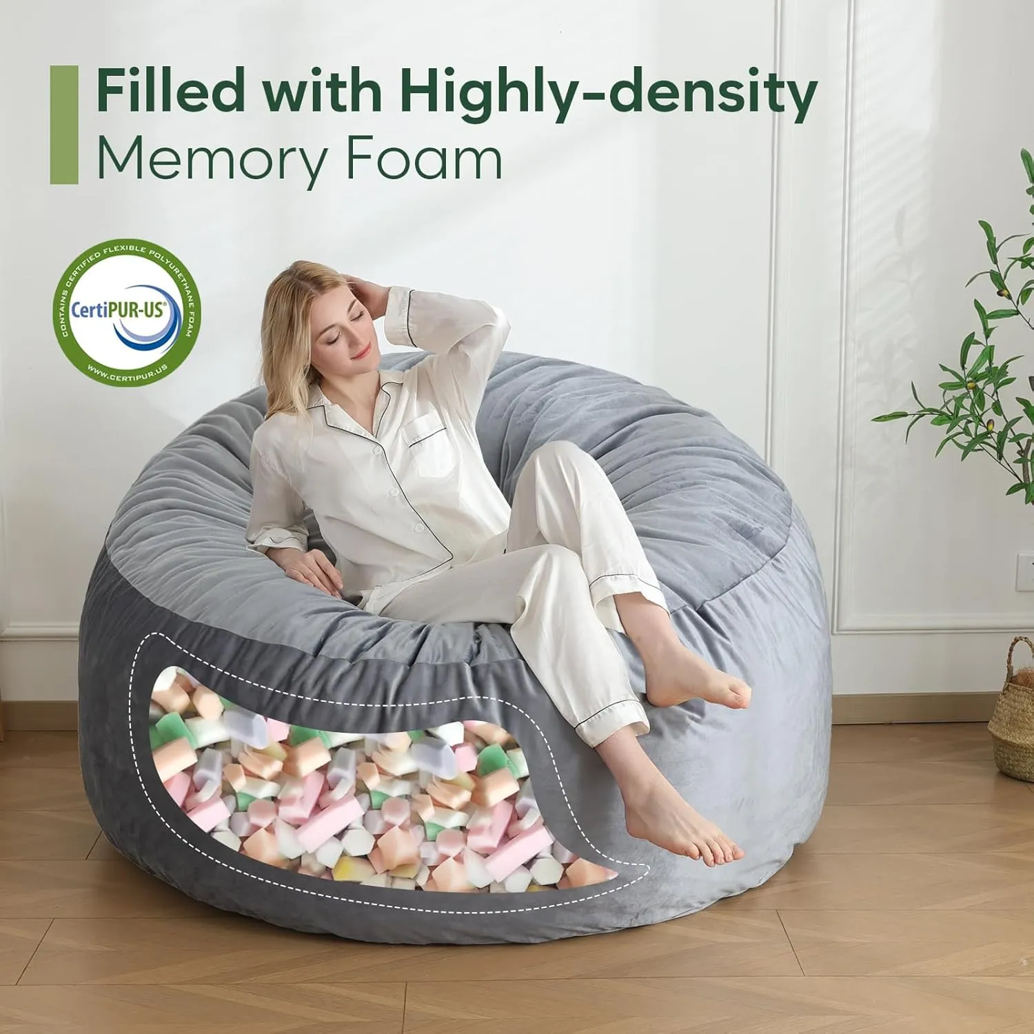 4 Ft Bean Bag Chair, Memory Foam Bean Bag Chairs for Adults with Filling, Round Bean Bag Sofa with Filler Included, Beanbags with Soft Dutch Velvet Fabric,4 Foot,Dark Grey