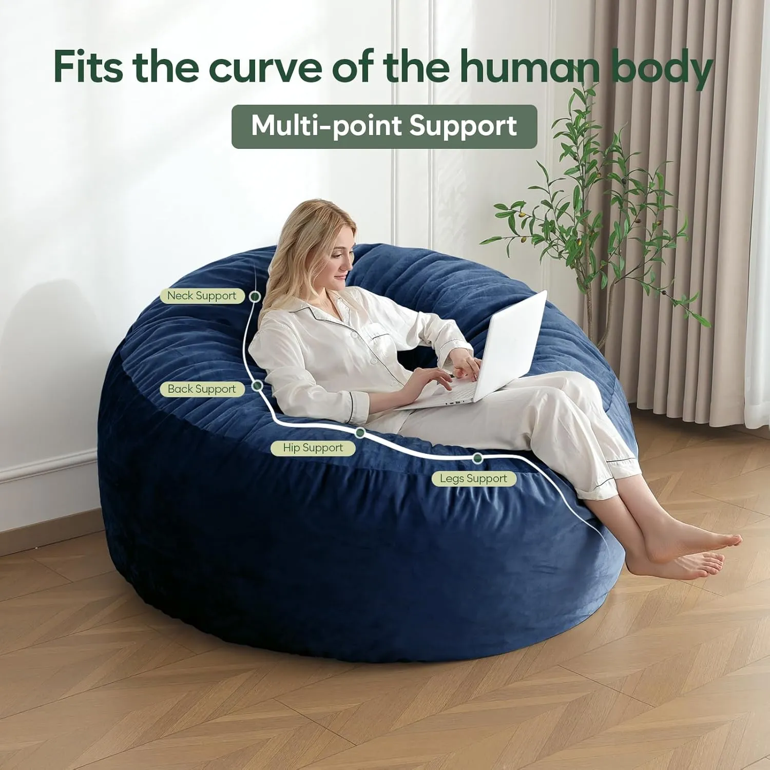 4 Ft Bean Bag Chair, Memory Foam Bean Bag Chairs for Adults with Filling, Round Bean Bag Sofa with Filler Included, Beanbags with Soft Dutch Velvet Fabric,4 Foot,Navy