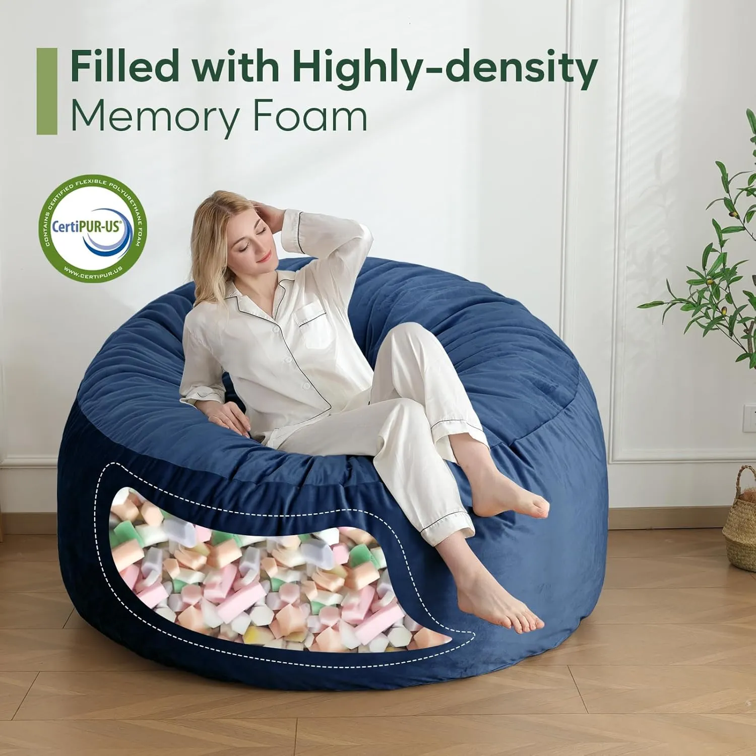 4 Ft Bean Bag Chair, Memory Foam Bean Bag Chairs for Adults with Filling, Round Bean Bag Sofa with Filler Included, Beanbags with Soft Dutch Velvet Fabric,4 Foot,Navy