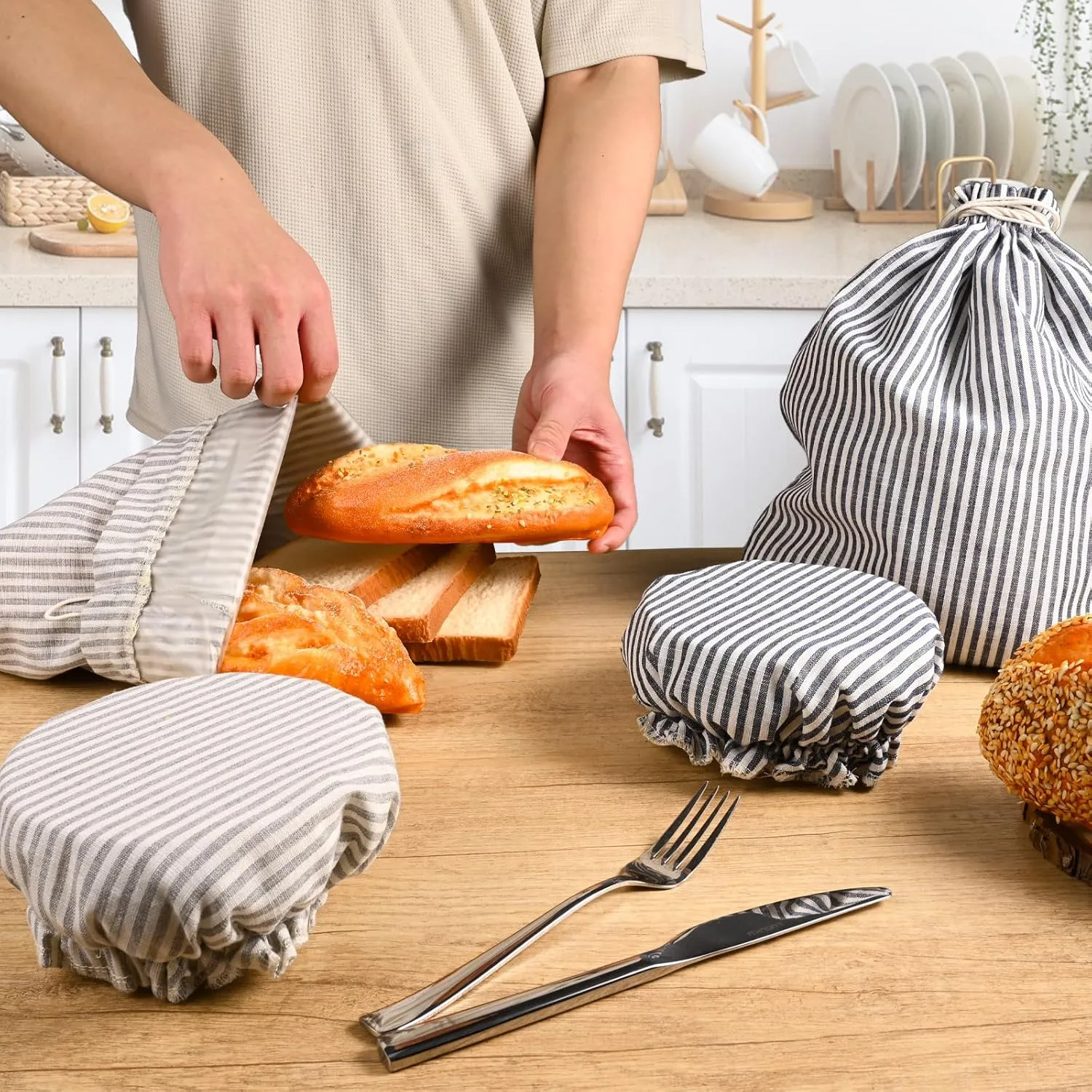 4 Pack Sourdough Bread Bags Linen Bread Bags for Homemade Bread Sourdough with Bowl Cover - Reusable Bread Storage Bags Sourdough Bread Bag & Beeswax Bread Bag with Bread Proofing Cover