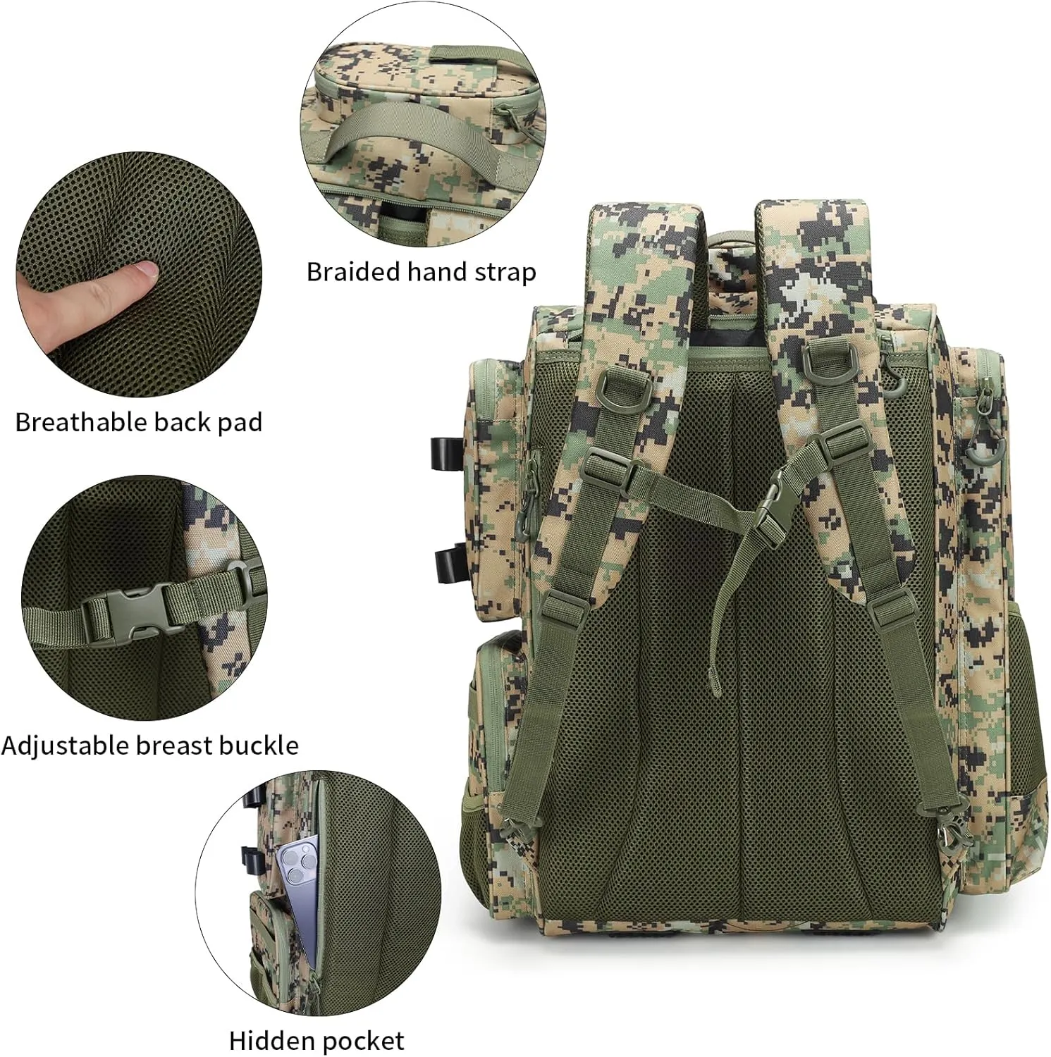42LWaterproof Fishing Bag with Rod Holder,A Movable Partition and An Insulated Liner, It Is also A Large Lightweight Hiking Backpack