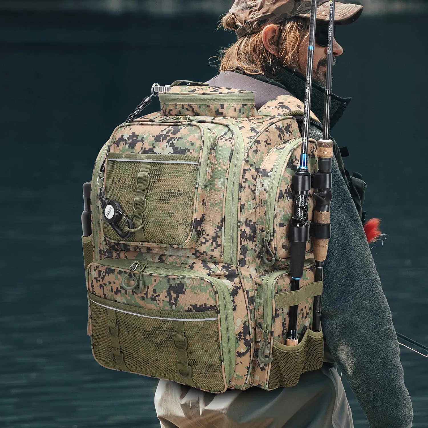 42LWaterproof Fishing Bag with Rod Holder,A Movable Partition and An Insulated Liner, It Is also A Large Lightweight Hiking Backpack