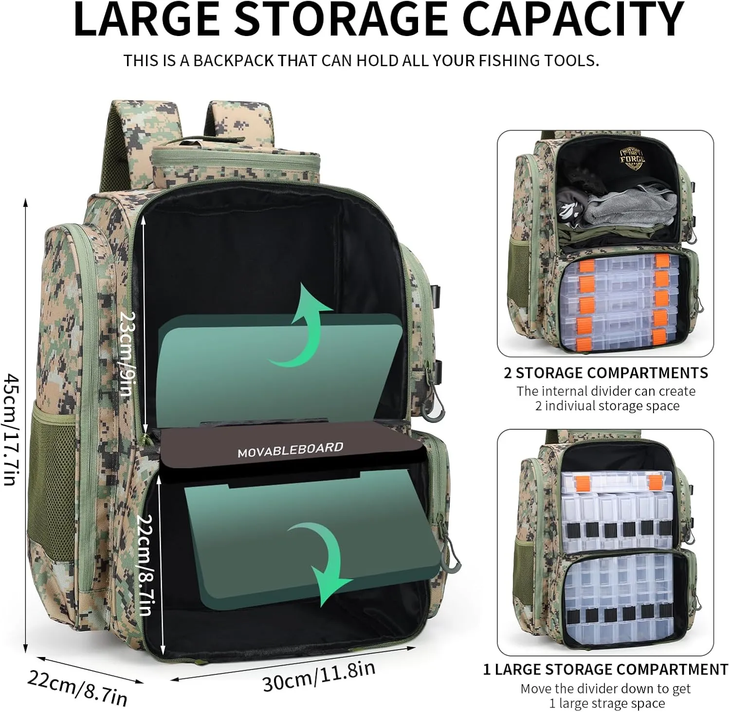42LWaterproof Fishing Bag with Rod Holder,A Movable Partition and An Insulated Liner, It Is also A Large Lightweight Hiking Backpack