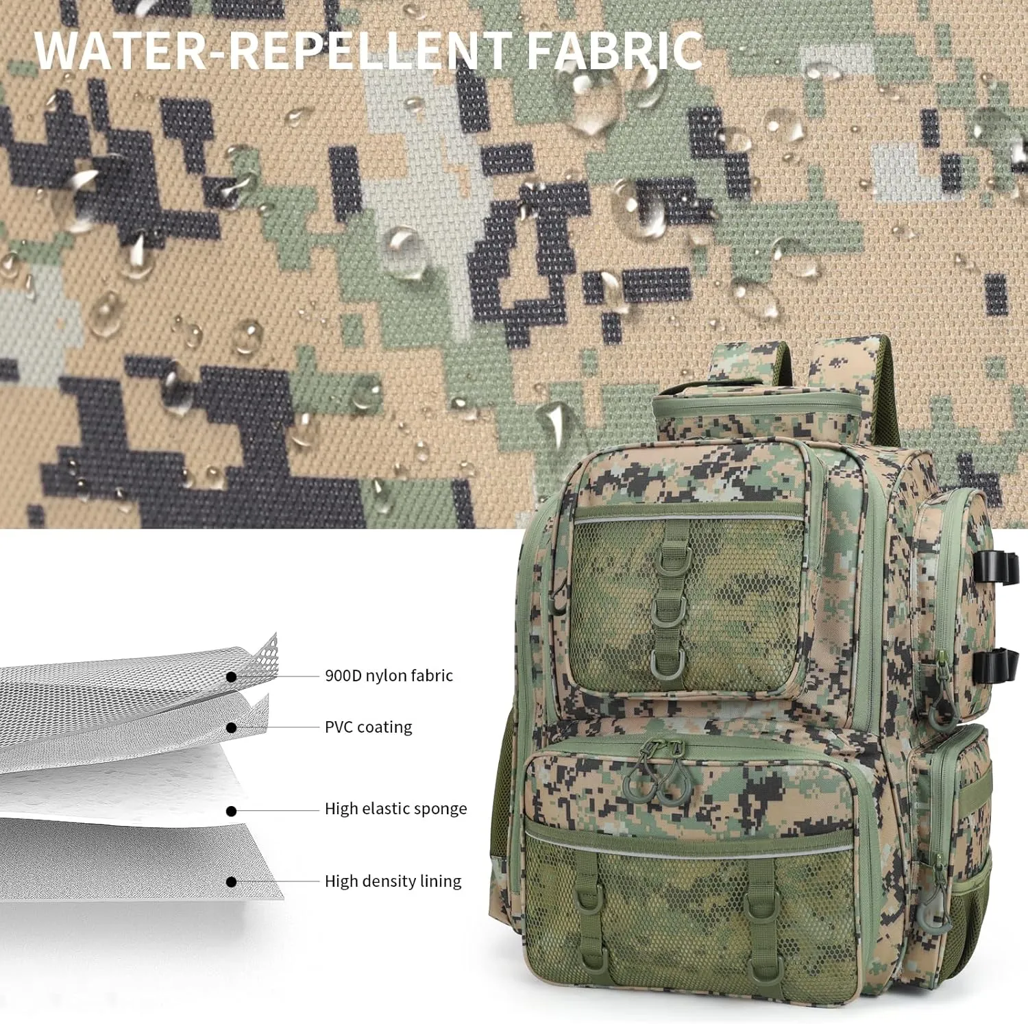 42LWaterproof Fishing Bag with Rod Holder,A Movable Partition and An Insulated Liner, It Is also A Large Lightweight Hiking Backpack