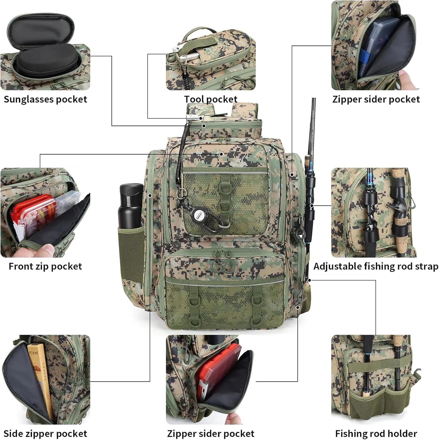 42LWaterproof Fishing Bag with Rod Holder,A Movable Partition and An Insulated Liner, It Is also A Large Lightweight Hiking Backpack