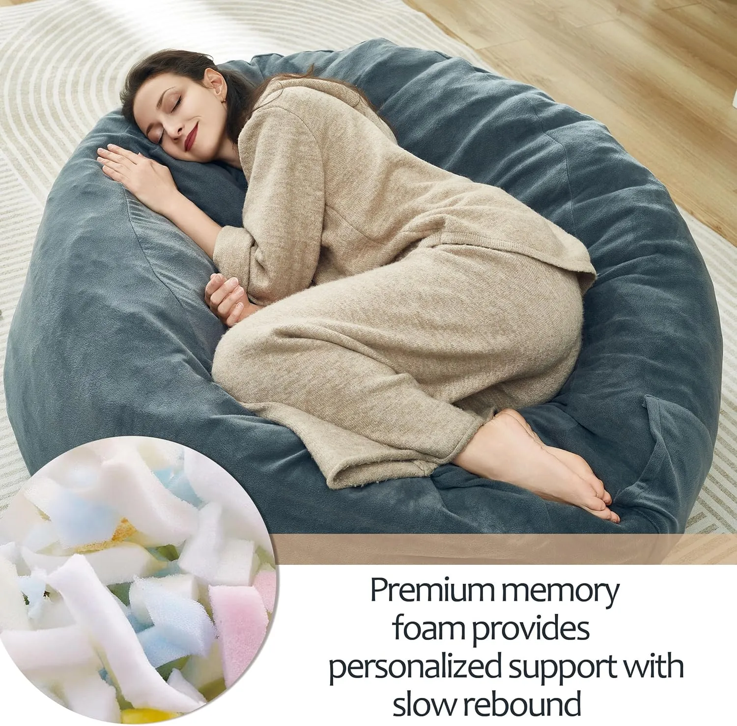 48 Inches / 4 Feet Bean Bag Chair with Memory Foam Filler for Adults and Kids, Ultra Soft Dark Gray Velvet Cover, Living Room Use, Comfortable Wrap (Velvet 4 feet)
