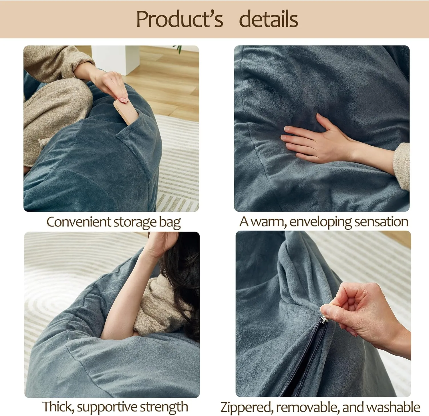 48 Inches / 4 Feet Bean Bag Chair with Memory Foam Filler for Adults and Kids, Ultra Soft Dark Gray Velvet Cover, Living Room Use, Comfortable Wrap (Velvet 4 feet)