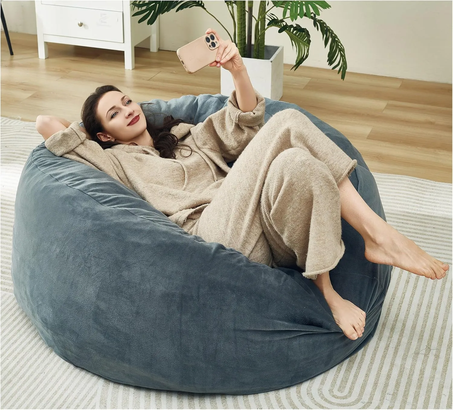 48 Inches / 4 Feet Bean Bag Chair with Memory Foam Filler for Adults and Kids, Ultra Soft Dark Gray Velvet Cover, Living Room Use, Comfortable Wrap (Velvet 4 feet)