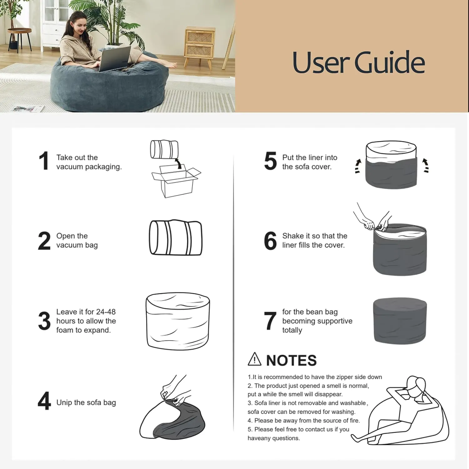 48 Inches / 4 Feet Bean Bag Chair with Memory Foam Filler for Adults and Kids, Ultra Soft Dark Gray Velvet Cover, Living Room Use, Comfortable Wrap (Velvet 4 feet)
