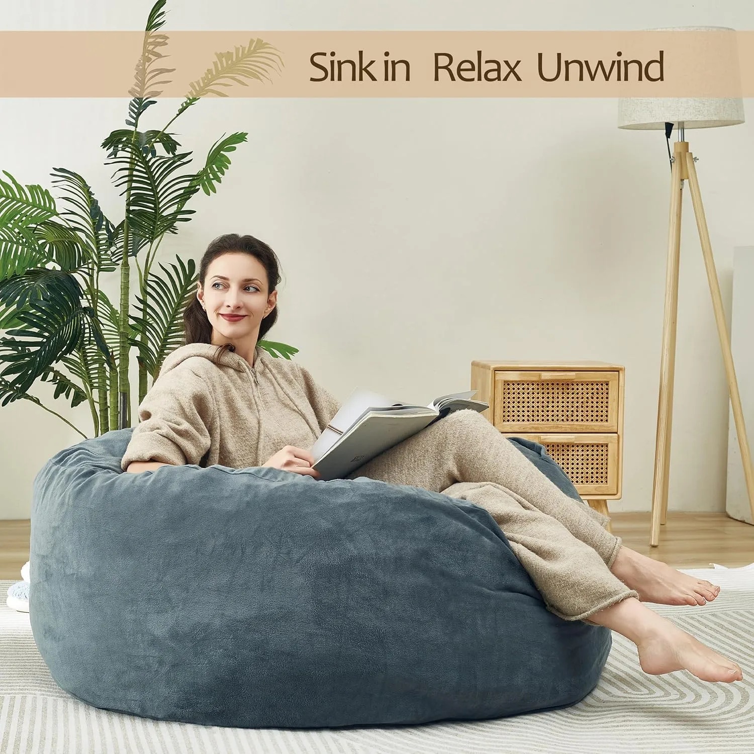 48 Inches / 4 Feet Bean Bag Chair with Memory Foam Filler for Adults and Kids, Ultra Soft Dark Gray Velvet Cover, Living Room Use, Comfortable Wrap (Velvet 4 feet)
