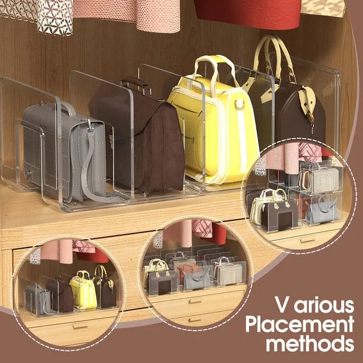 4pcs Clear Plastic Purse Handbag Organizer 4 Sections Bag Closet Shelf Divider Purse Display Stand Handbag Storage Organizer Clear Desk File Sorter Stand Holder Bookshelf (4) (Transparent)