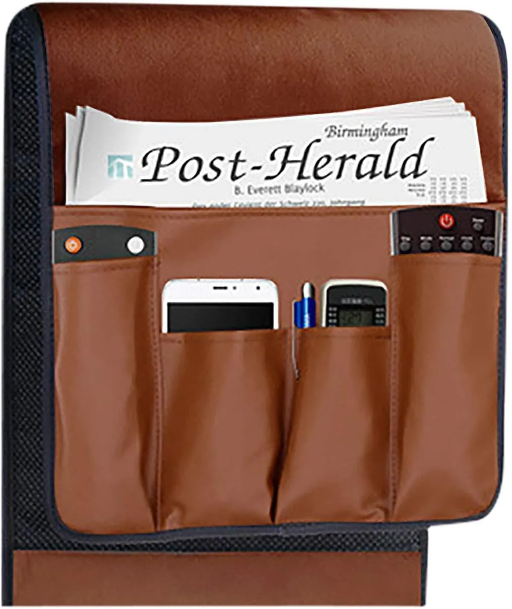5 Pockets TV Remote Control Holder Couch Sofa Tray Armrest Organiser Oxford Chair Couch Caddy Sofa Armrest Bag Bedside Storage Hanging Organiser for Magazine Books Snack Mobile DVD Cellphone (PU-A)