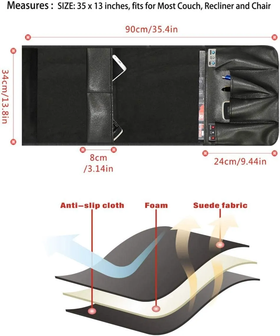 5 Pockets TV Remote Control Holder Couch Sofa Tray Armrest Organiser Oxford Chair Couch Caddy Sofa Armrest Bag Bedside Storage Hanging Organiser for Magazine Books Snack Mobile DVD Cellphone (PU-A)