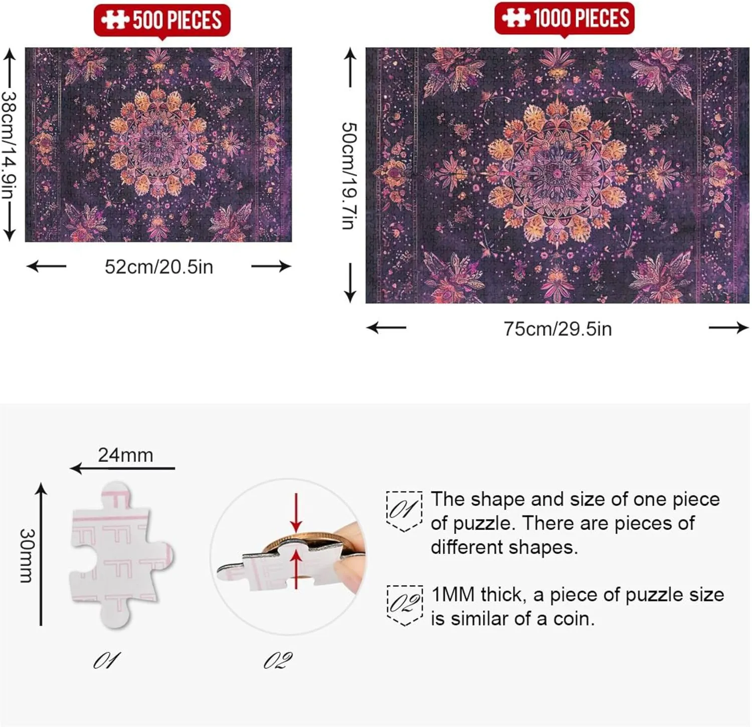 500 Pieces Jigsaw Puzzles for Adults Purple Floral Mandala Print Family White Elephant Gifts Fun Nature Puzzle Puzzle Toy Artwork, 20.5x14.9 Inch