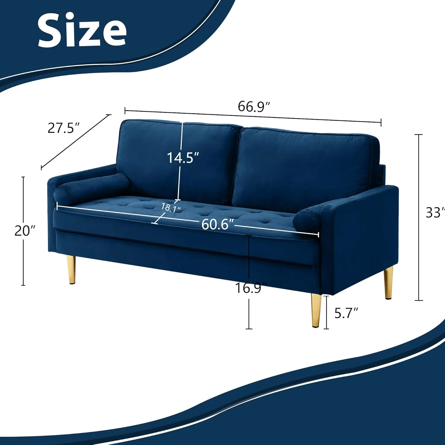 67" Modern Velvet Loveseat Sofa Couch, Mid-Century Tufted Upholstered Small Love Seat Couch with 2 Pillows & 4 Golden Legs, 2-Seats Couches for Compact Space, Living Room, Apartment (Navy)