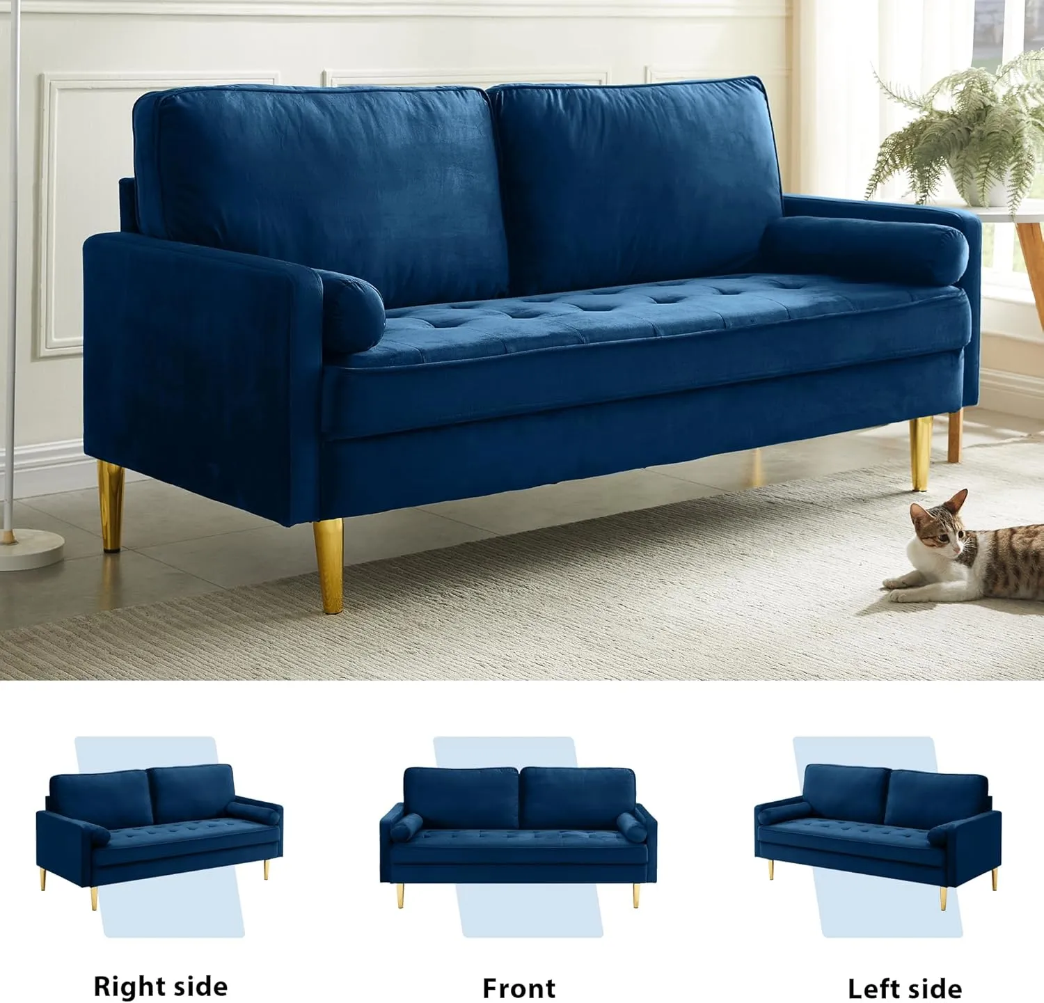 67" Modern Velvet Loveseat Sofa Couch, Mid-Century Tufted Upholstered Small Love Seat Couch with 2 Pillows & 4 Golden Legs, 2-Seats Couches for Compact Space, Living Room, Apartment (Navy)