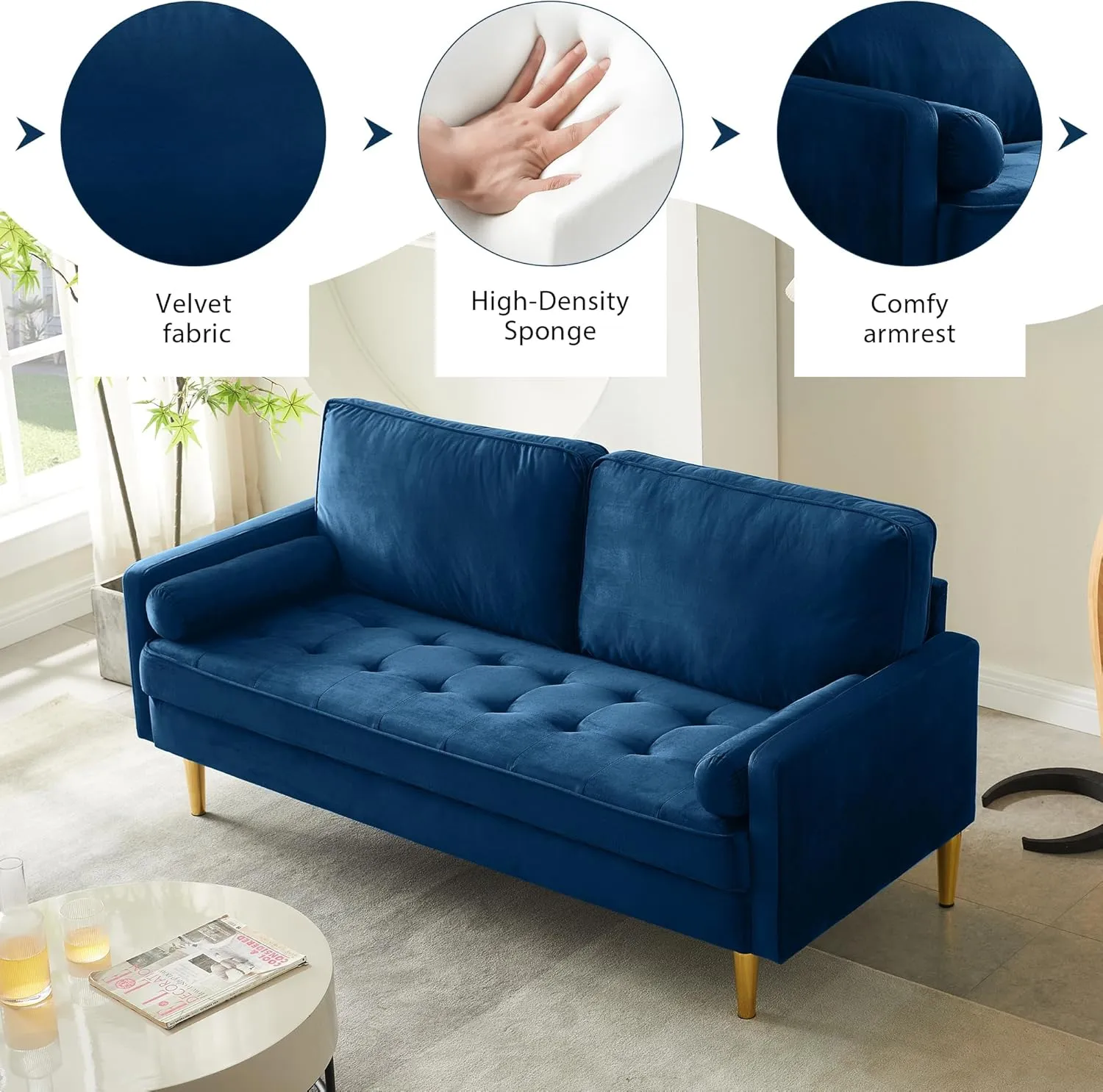 67" Modern Velvet Loveseat Sofa Couch, Mid-Century Tufted Upholstered Small Love Seat Couch with 2 Pillows & 4 Golden Legs, 2-Seats Couches for Compact Space, Living Room, Apartment (Navy)