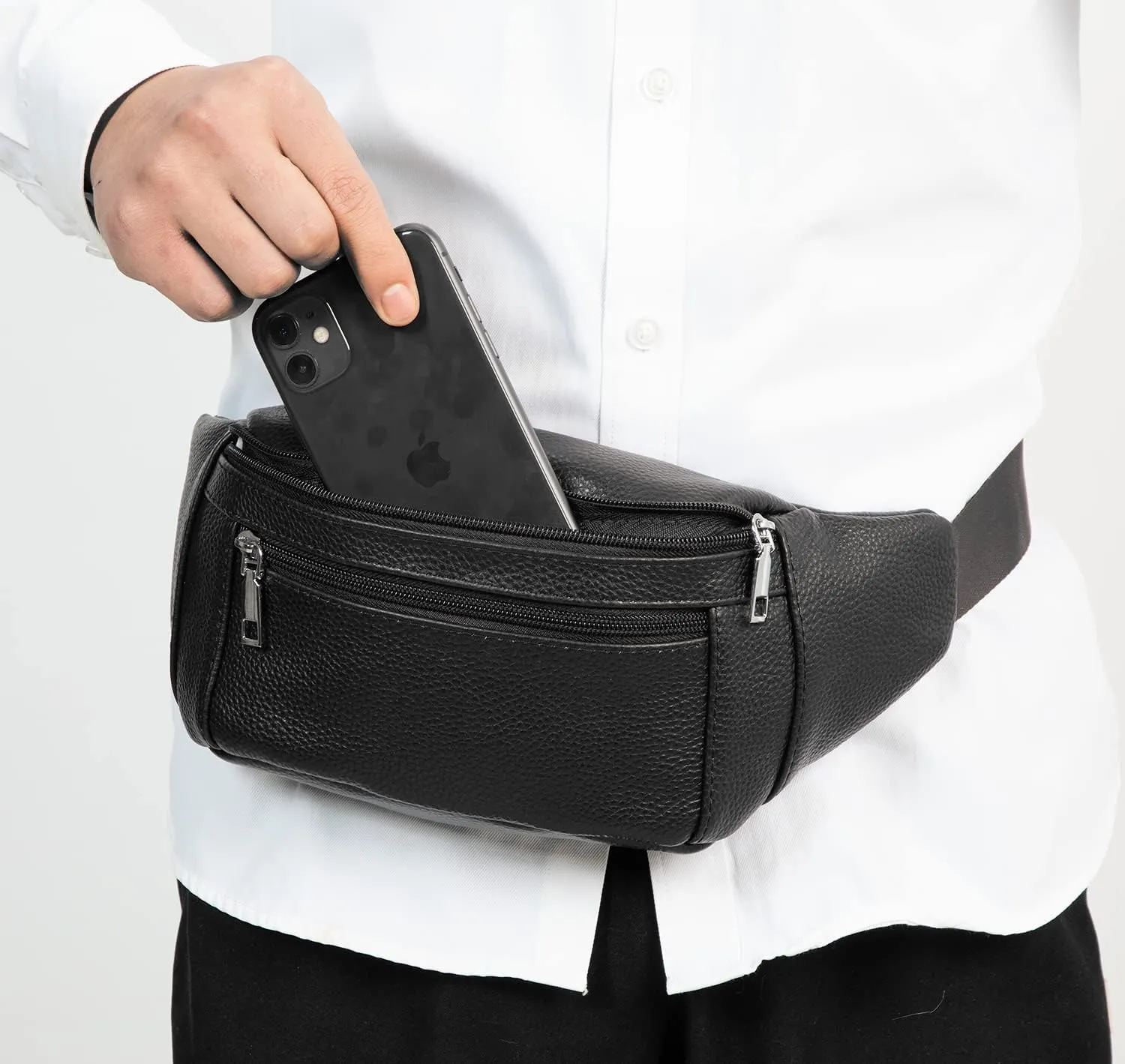 7-Mi Fanny Pack for Men Women Large Genuine Leather Crossbody Waist Bag Waterproof with Adjustable Strap for Running Hiking Walking Traveling Black