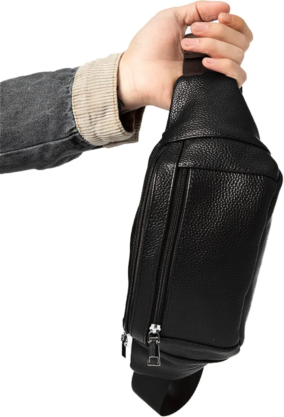 7-Mi Fanny Pack for Men Women Large Genuine Leather Crossbody Waist Bag Waterproof with Adjustable Strap for Running Hiking Walking Traveling Black