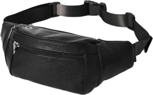 7-Mi Fanny Pack for Men Women Large Genuine Leather Crossbody Waist Bag Waterproof with Adjustable Strap for Running Hiking Walking Traveling Black