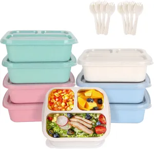8 Pack Bento Box Lunch Container for Kids with Forks, Divided Lunch Boxes Meal Prep Food Storage Containers for Adults, Reusable Portion Control Container for School Work Travel Camp (20 OZ)