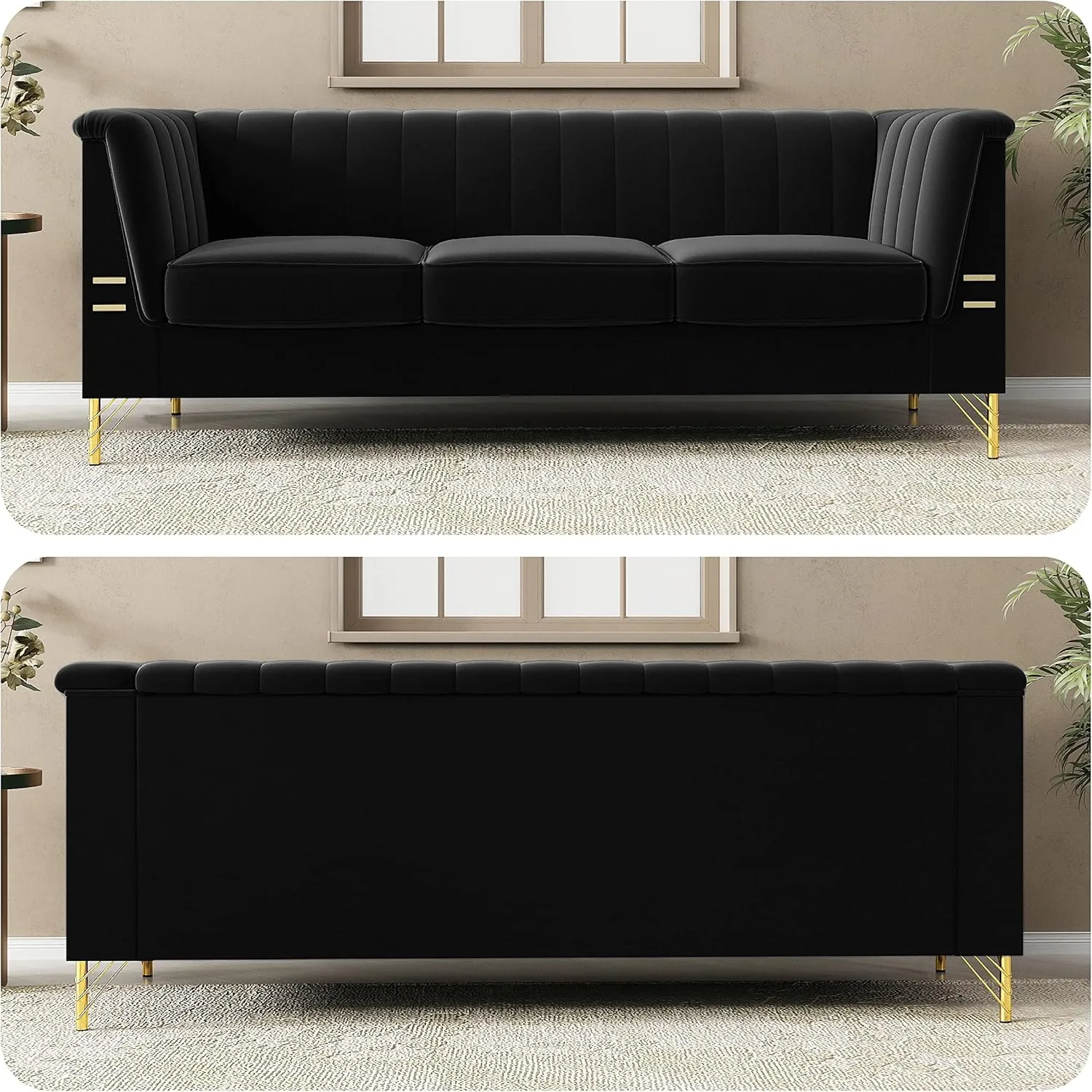 83.46" W Black Velvet Sofa Couch with Metal Gold Legs, 3-Seater High Arm Upholstered Sofa for Living Room, Bedroom, Office (Black)