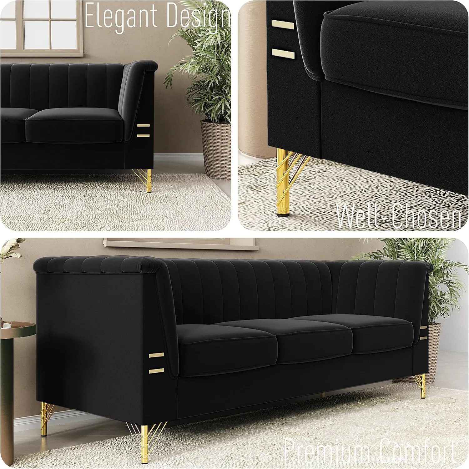 83.46" W Black Velvet Sofa Couch with Metal Gold Legs, 3-Seater High Arm Upholstered Sofa for Living Room, Bedroom, Office (Black)