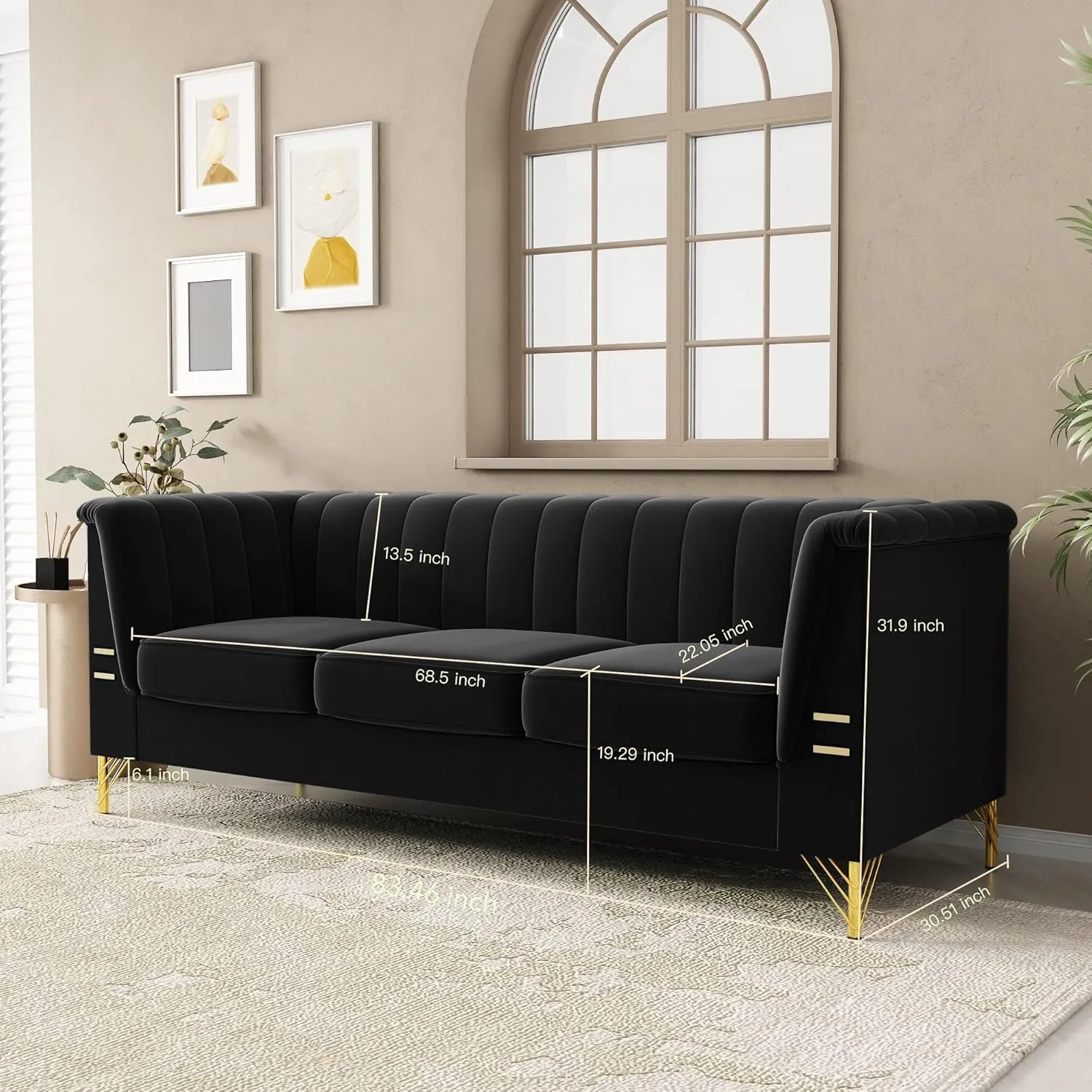 83.46" W Black Velvet Sofa Couch with Metal Gold Legs, 3-Seater High Arm Upholstered Sofa for Living Room, Bedroom, Office (Black)