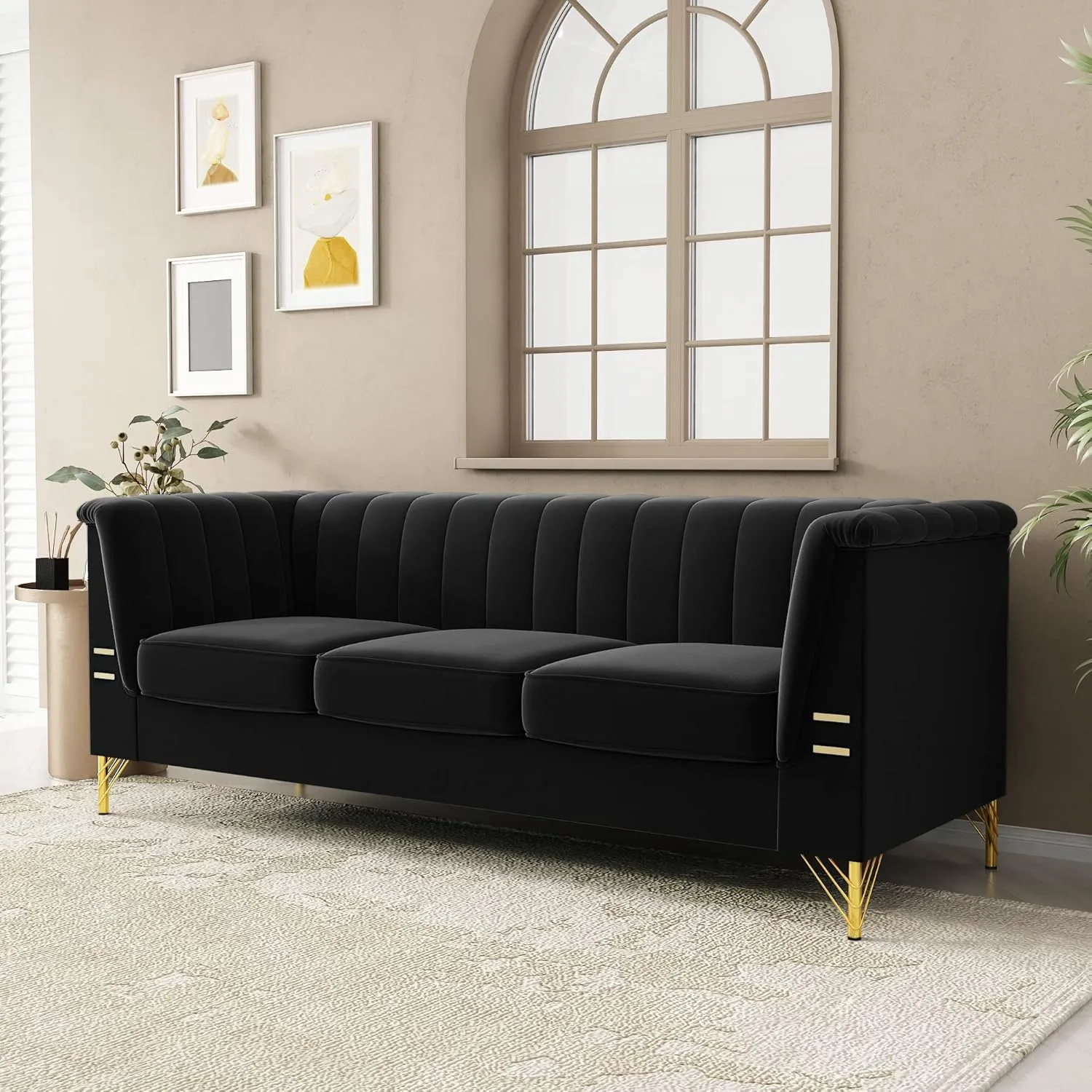 83.46" W Black Velvet Sofa Couch with Metal Gold Legs, 3-Seater High Arm Upholstered Sofa for Living Room, Bedroom, Office (Black)