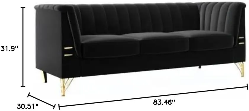 83.46" W Black Velvet Sofa Couch with Metal Gold Legs, 3-Seater High Arm Upholstered Sofa for Living Room, Bedroom, Office (Black)