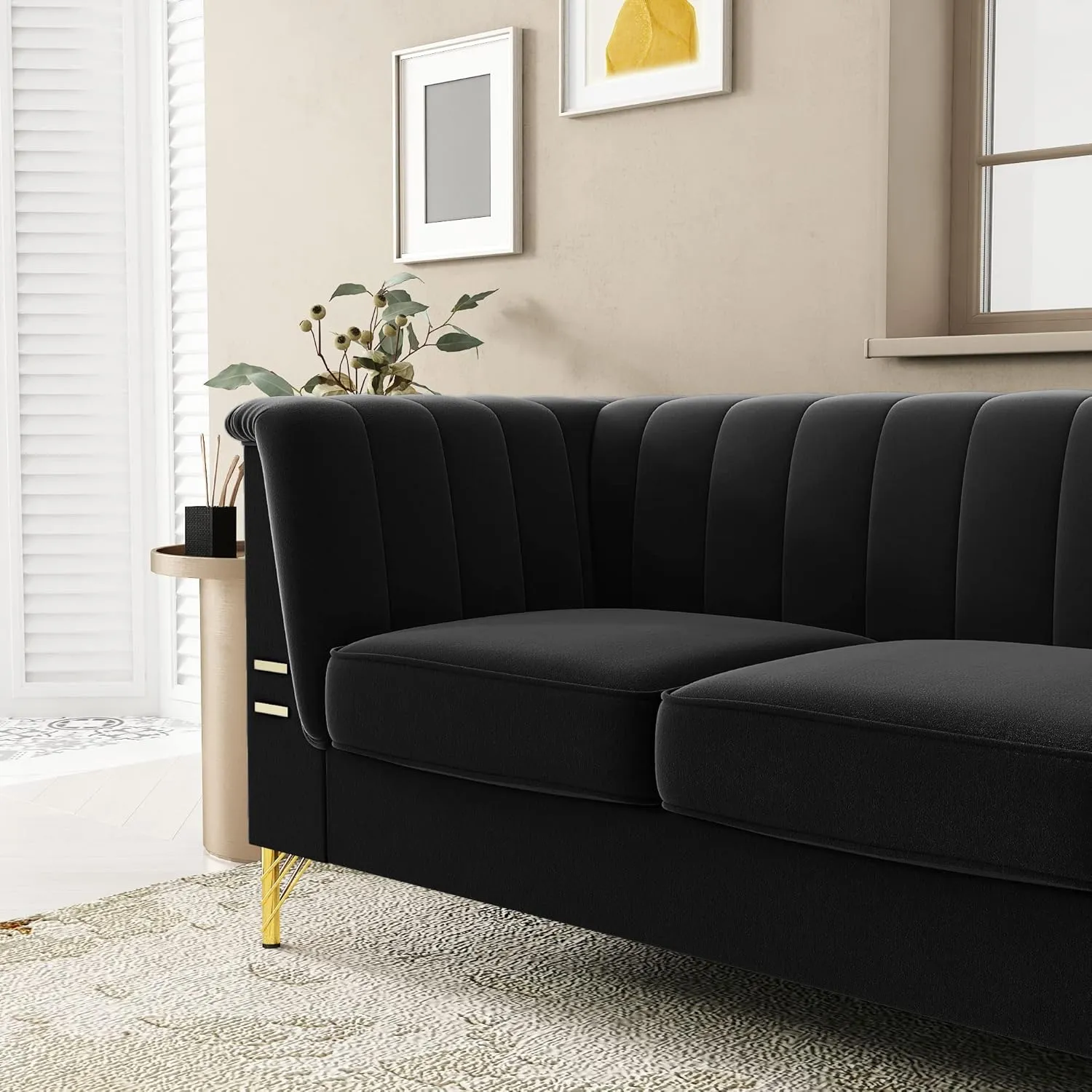 83.46" W Black Velvet Sofa Couch with Metal Gold Legs, 3-Seater High Arm Upholstered Sofa for Living Room, Bedroom, Office (Black)